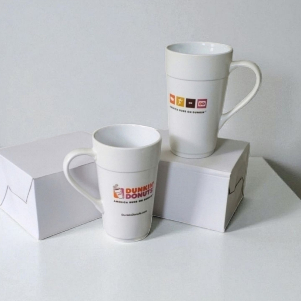 New Dunkin Donuts White Ceramic 2 Mug Set.